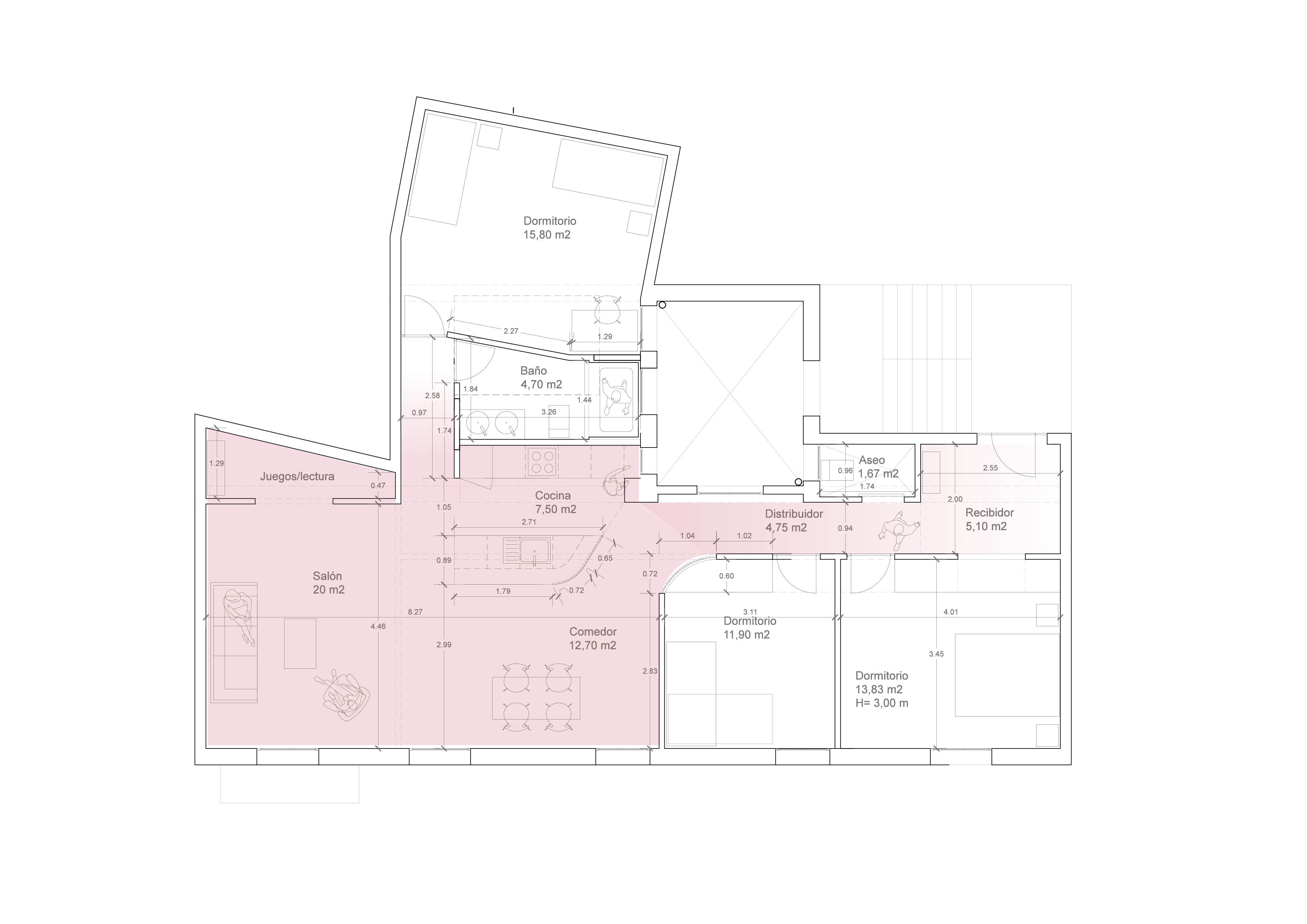 Planta de distribución de Casa Gomo tras la reforma, con los nuevos espacios de cocina, salón, comedor y zonas privadas.