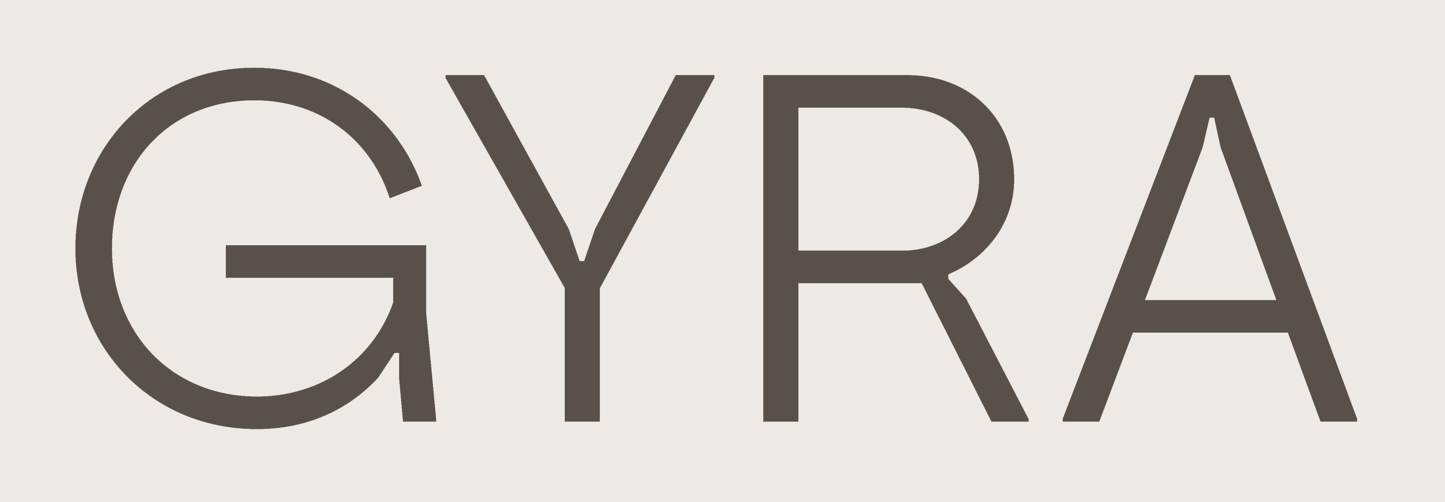 Logotipo de la marca GYRA en letras grandes y estilizadas.