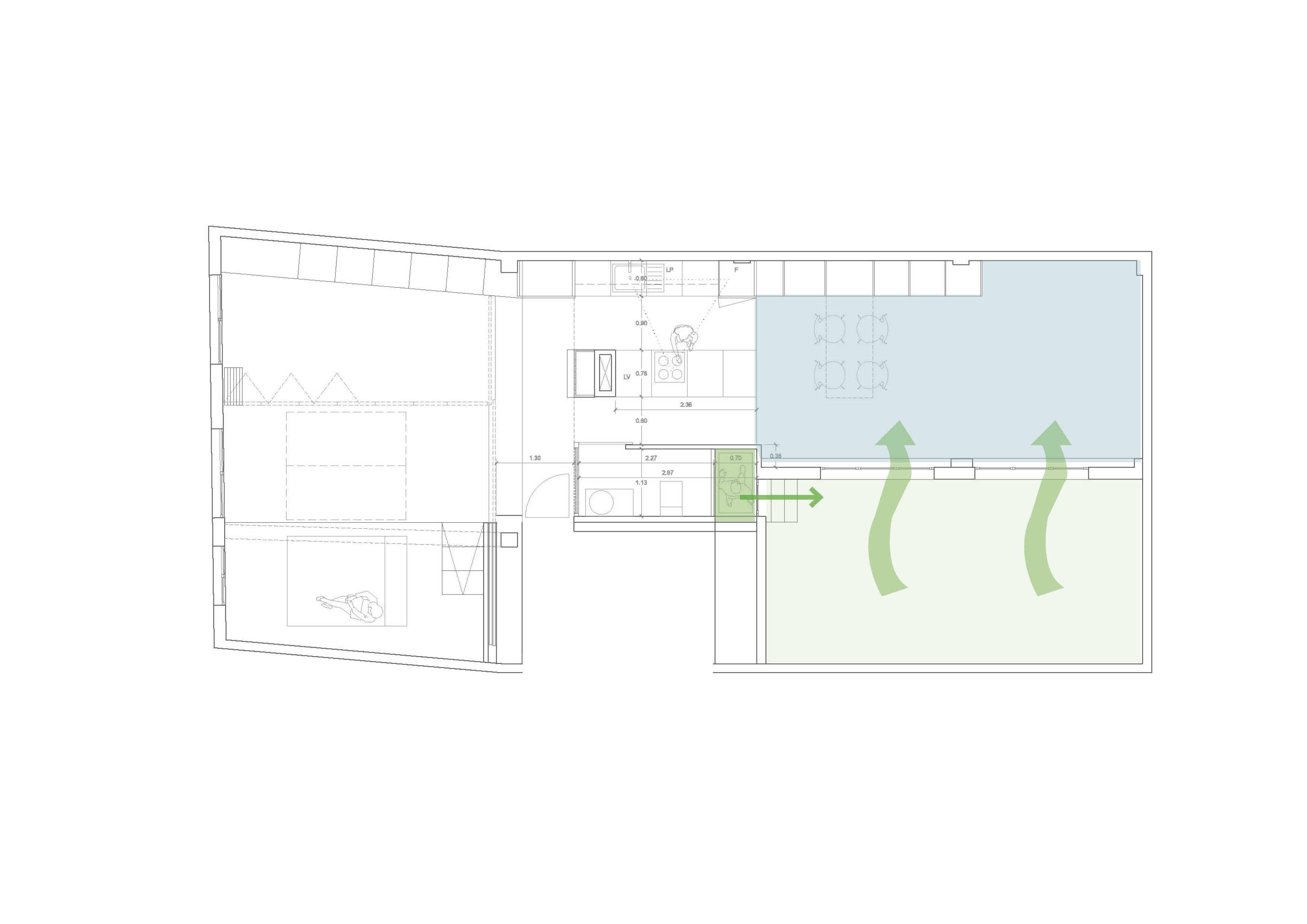 Plano de la vivienda Homeping mostrando la organización de los espacios durante el verano