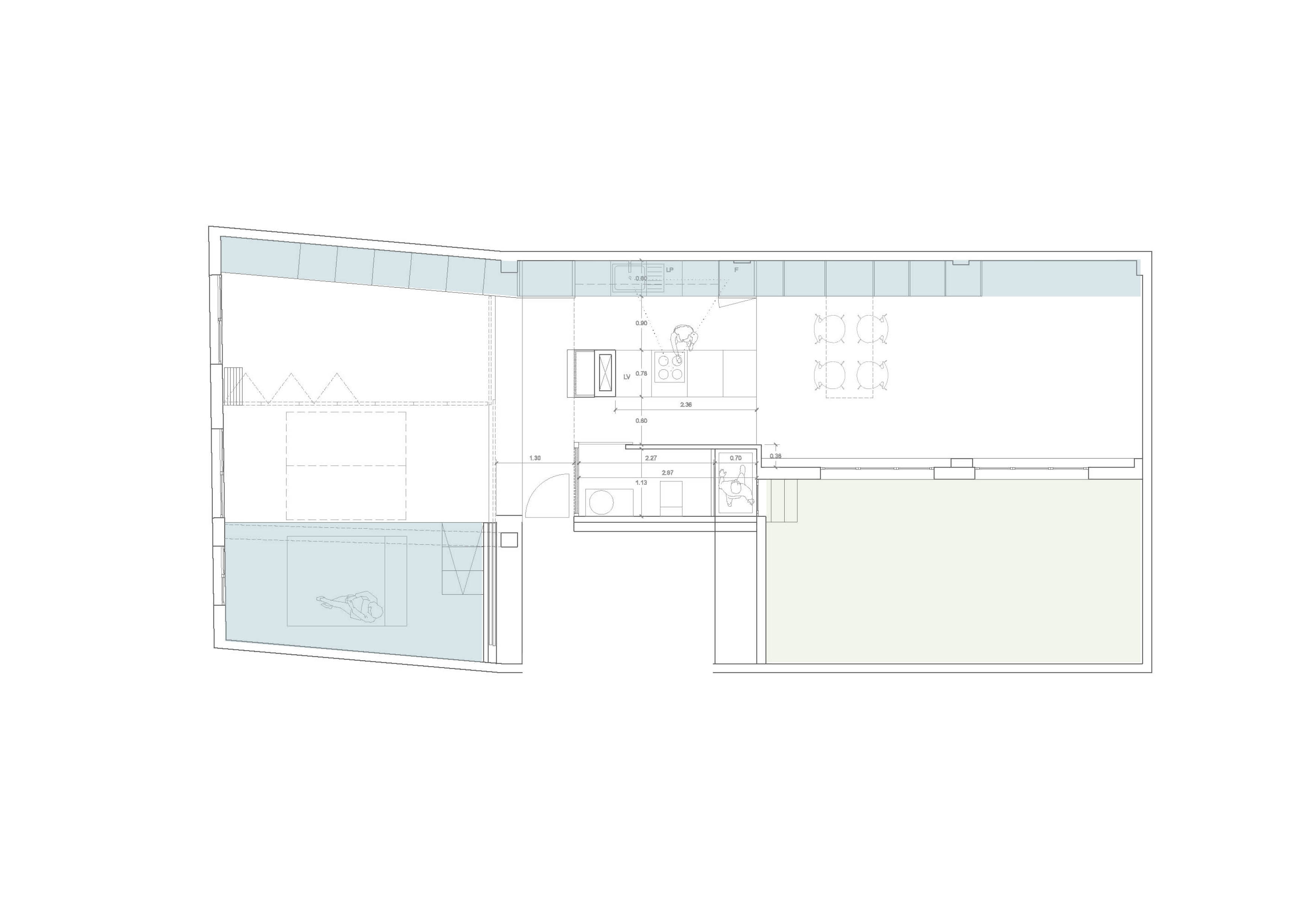 Plano de la vivienda Homeping mostrando el almacenaje continuo que recorre la casa