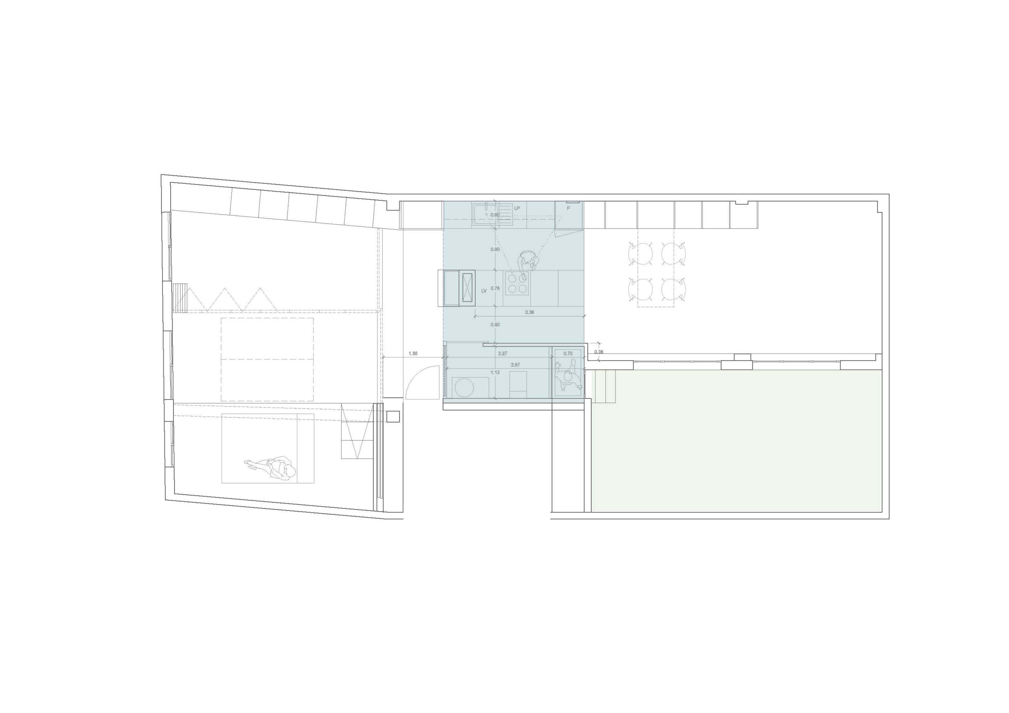 Plano de Homeping mostrando la cocina y el baño como piezas centrales de la distribución