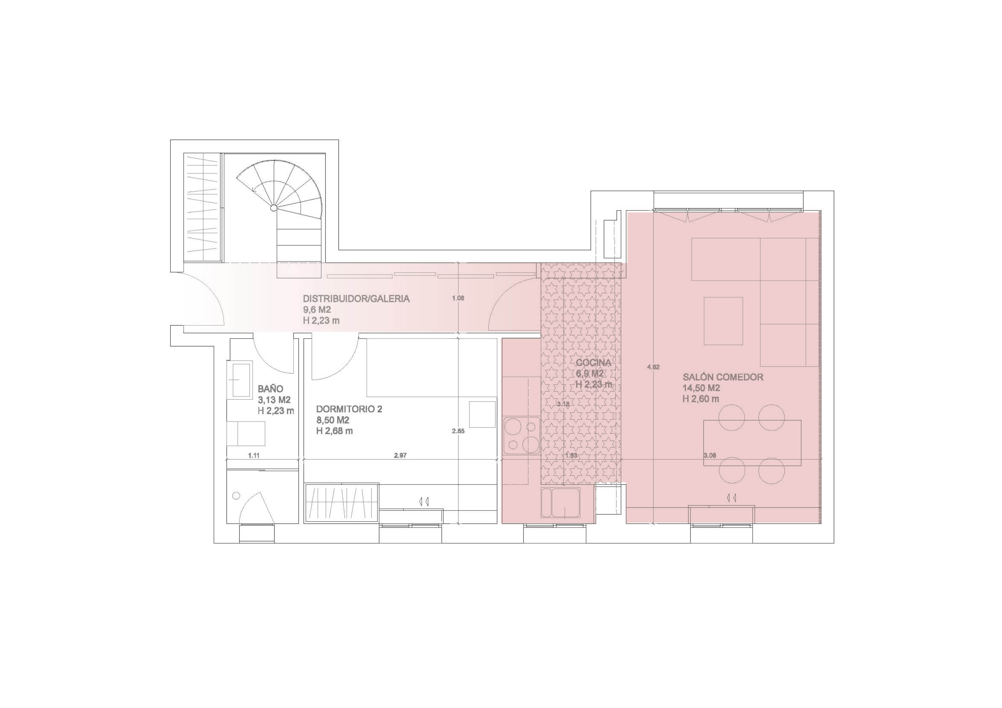 Plano de la planta baja de Casa Atelier con la distribución de los espacios comunes.